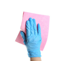 Woman in blue latex gloves with rag on white background, closeup of hand