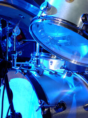 Set of instruments on the stage. Drums ready for concert or performance in the club.