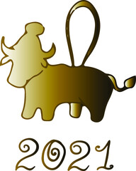Golden Outline cute vector Christmas toy of bull and 2021 numbers. Hand drawn vector New Year bull shaped toy for Christmas tree. Trendy design Isolated on white background. Symbol of New Year 2021.
