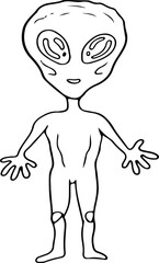 Cute doodle alien. Hand drawn outline vector stock illustration of pretty comic aliens. Isolated on white background. UFO concept. Trendy cosmic Line art.