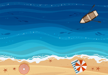 Beach with umbrellas, tropical blue sea and a wooden boat top view, vector background.