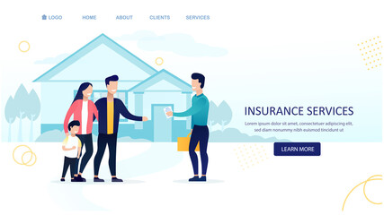 Happy family standing in front of house. Insurance vector concept with icons. Family with agent. Insurance policy. Flat Vector Illustration