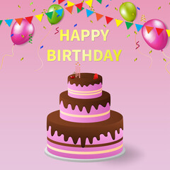 Happy birthday greeting card with cake and balloons.