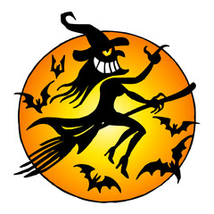 Witch with crazy smile and hat flies on broom in the full moon with bats around, halloween theme, scary color cartoon