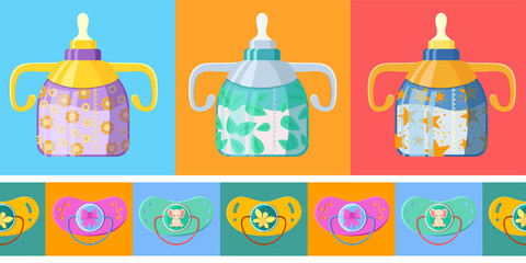 Seamless Pattern. Children's bottles and pacifiers. A set of bottles
