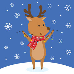 Cute reindeer on snowing, vector illustration