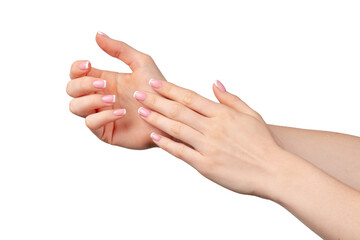 Well-groomed female hands with manicure on white background