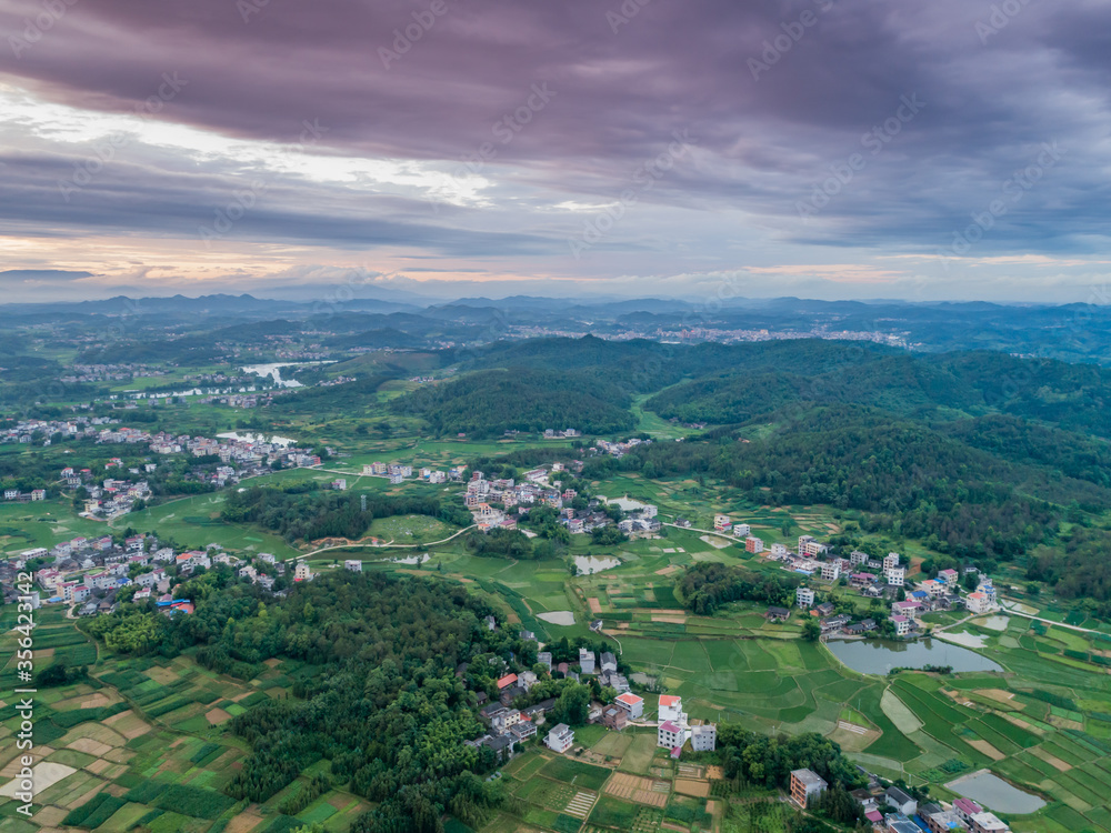 Wall mural rural countryside aerial view, green countryside and villages, hunan, china。