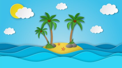 Fototapeta na wymiar Sea view on clear sky. paper cut and craft style. blue sea waves white air clouds paper art style of cover design. island with palm and coconut. Vector illustration