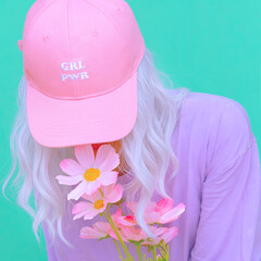 Fresh summer look.  Girl power pastel colours style. Girl 90s aesthetic. Flowers bloom positive...