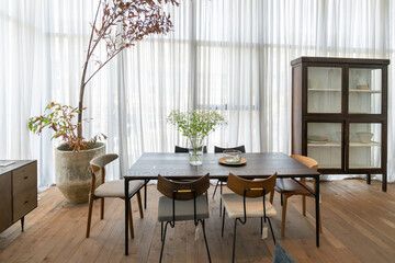 Chongqing, China, June 5, 2020: The modern, bright and comfortable atmosphere of the indoor apartment. General cleaning, home furnishing and house selling preparation. Wooden country villa