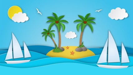 Fototapeta na wymiar Sailboat in the sea. Sun, clouds. Paper cut illustration for advertising, travel, tourism, cruises, travel agency. island with palm and coconut. Vector illustration
