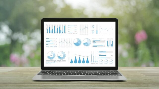 Statistics graphs, charts and diagrams data on modern laptop computer monitor screen on wooden table over blur pink flower and tree in garden, Business financial intro motion background