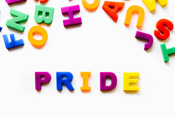 Gay love rainbow pride word isolated on white background. Equal rights, lqbtq pride month against gay, lesbian, bisexual, transgender discrimination.