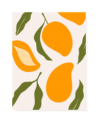 Stylish vector cover design with mango fruits. Composition of trendy hand drawn mangos and leaves for postcards, print, posters, brochures, etc. Vector illustration. - 356423928