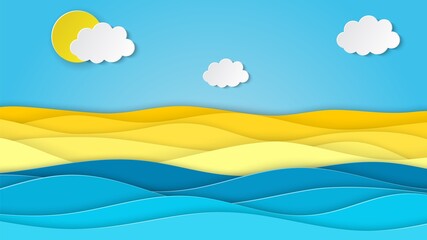 Obraz na płótnie Canvas Sea landscape with beach, waves, clouds. Paper cut out digital craft style. abstract blue sea and beach summer background with paper waves and seacoast. Vector illustration