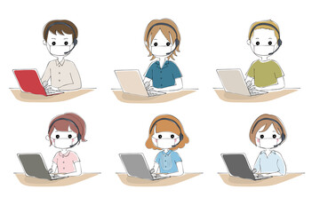 マスクとヘッドセットをつけてパソコン操作をする男女のセット