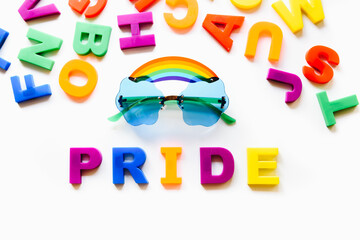 Gay love rainbow pride word isolated on white background. Equal rights, lqbtq pride month against gay, lesbian, bisexual, transgender discrimination.