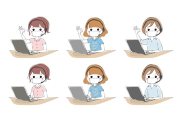 マスクとヘッドセットをつけてパソコン操作をする女性のセット