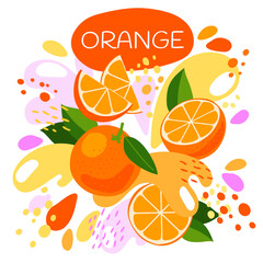 vector illustration of an organic fruit drink. ripe orange fruits with splash of bright fresh orange juice background. eco concept for a natural fruit smoothie label.