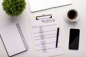 Office workplace with wedding planner and items to do
