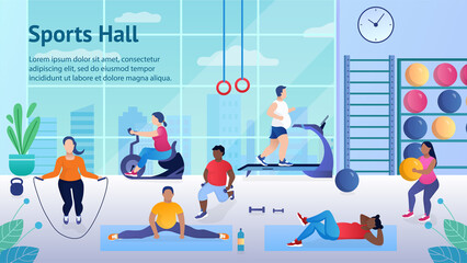 Fat people work out in the gym to lose weight. Men and women are working hard and improving their shape. Fighting obesity. They run on the treadmill jump on a skipping rope. Flat Vector Illustration