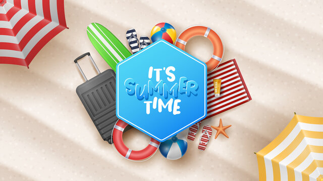 Vector Summer Holiday Illustration with Beach Ball, Palm Leaves, Surf Board and Typography Letter on Beach Sands Background.