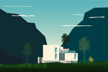vector mountain landscape with a house
