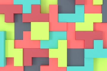 Abstract background of Soma cube. Puzzle pattern. 3D rendering.