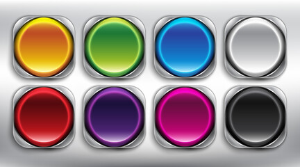 Collection of 8 web buttons. Round plastic web buttons with square metallic frame. Vector illustration. Eps10.