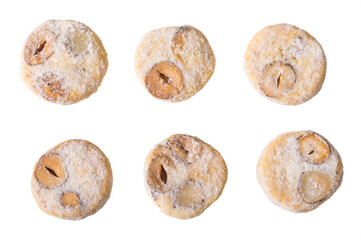 Set of shortbread cookies with sliced hazelnuts isolated on white background. Baked nuty circles sprinkled by vanilla powder sugar. Traditional Christmas and wedding sweets of Czech cuisine. Top view. © KPixMining