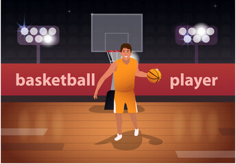 Fototapeta na wymiar Orange basketball player taking the ball in the arena. Parquet shines from lighting and camera flashes. The tournament has begun. Vector illustration in cartoon flat style. Can be a banner, a sticker.