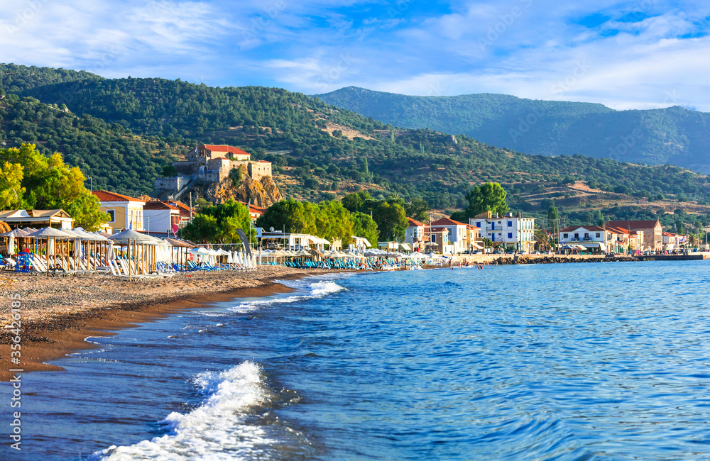 Poster Lesvos (lesbos) island . Greece. Beautiful coastal village Petra with famous monastery over the rock and great beach