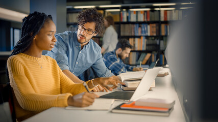 University Library: Gifted Black Girl uses Laptop, Smart Classmate Explains and Helps Her with...