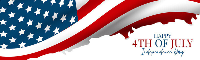 July 4th banner or header background. United States of America national flag with stars and stripes. USA independence day celebration. Realistic vector illustration.