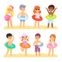 Multicultural children have fun and jumping on the beach. Boys and girls with inflatable rubber circles run near the sea. Happy kids having fun in the summer time. Vector landscape, panorama sea view