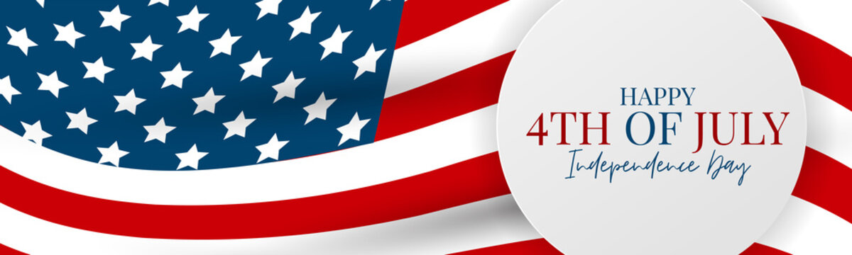 July 4th banner or header background. United States of America national flag with stars and stripes. USA independence day celebration. Realistic vector illustration.