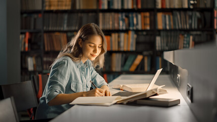 University Library: Beautiful Smart Caucasian Girl uses Laptop, Writes Notes for Paper, Essay,...