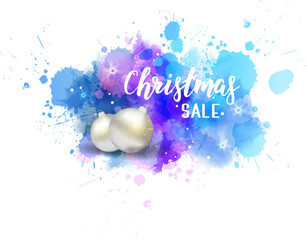 Christmas sale abstract watercolor imitation splash with handwritten modern calligraphy and decorative Christmas balls.