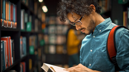 University Library: Talented Hispanic Boy Wearing Glasses Standing Next to Bookshelf Reads Book for...