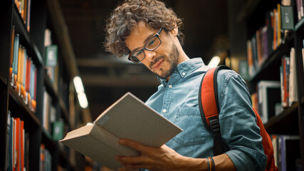 University Library: Talented Hispanic Boy Wearing Glasses Standing Next to Bookshelf Reads Book for His Class Assignment and Exam Preparations. Low Angle Portrait