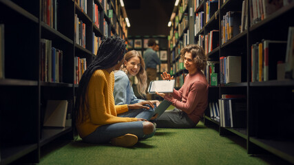 University Library: Diverse Group of Students Sitting Cross-Legged On the Floor, Talk, Use Digital Tablet Computer, Share Screen, Have Fun, Discuss Paper, Study and Prepare for Exams Together