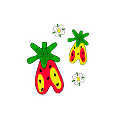 Set of STRAWBERRY with flowers. Hand drawn bright color vector illustration