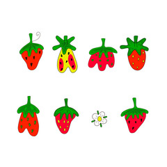Set of STRAWBERRY with flowers. Hand drawn bright color vector illustratio