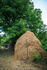 Rustic decor at the peasant farm. The haystack