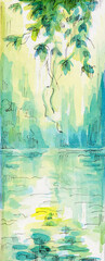 Landscape overgrown lake with water lilies and willow branches.Panorama of travel scene, pencil outlines of background.