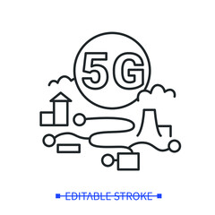 5G road map sign. Modern wireless navigation system icon. 5th generation internet GPS technology concept. Wireless telecommunication and web networking. Outline vector illustration.Editable stroke
