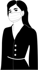 Pretty girl in surgical face mask posing on white background. Cartoon