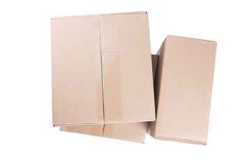 isolated close up shot of three stacked closed rectangular blank brown carton cardboard boxes on a white background