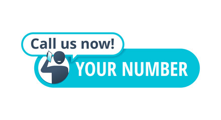 Call us now button  - template for phone number place in website header  - conspicuous sticker - human talking with smartphone and messsage bubble